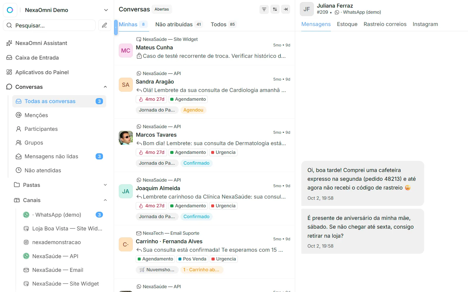 Caixa de entrada da NexaChat com as abas Minhas, Não atribuídas e Todos, canais e etiquetas