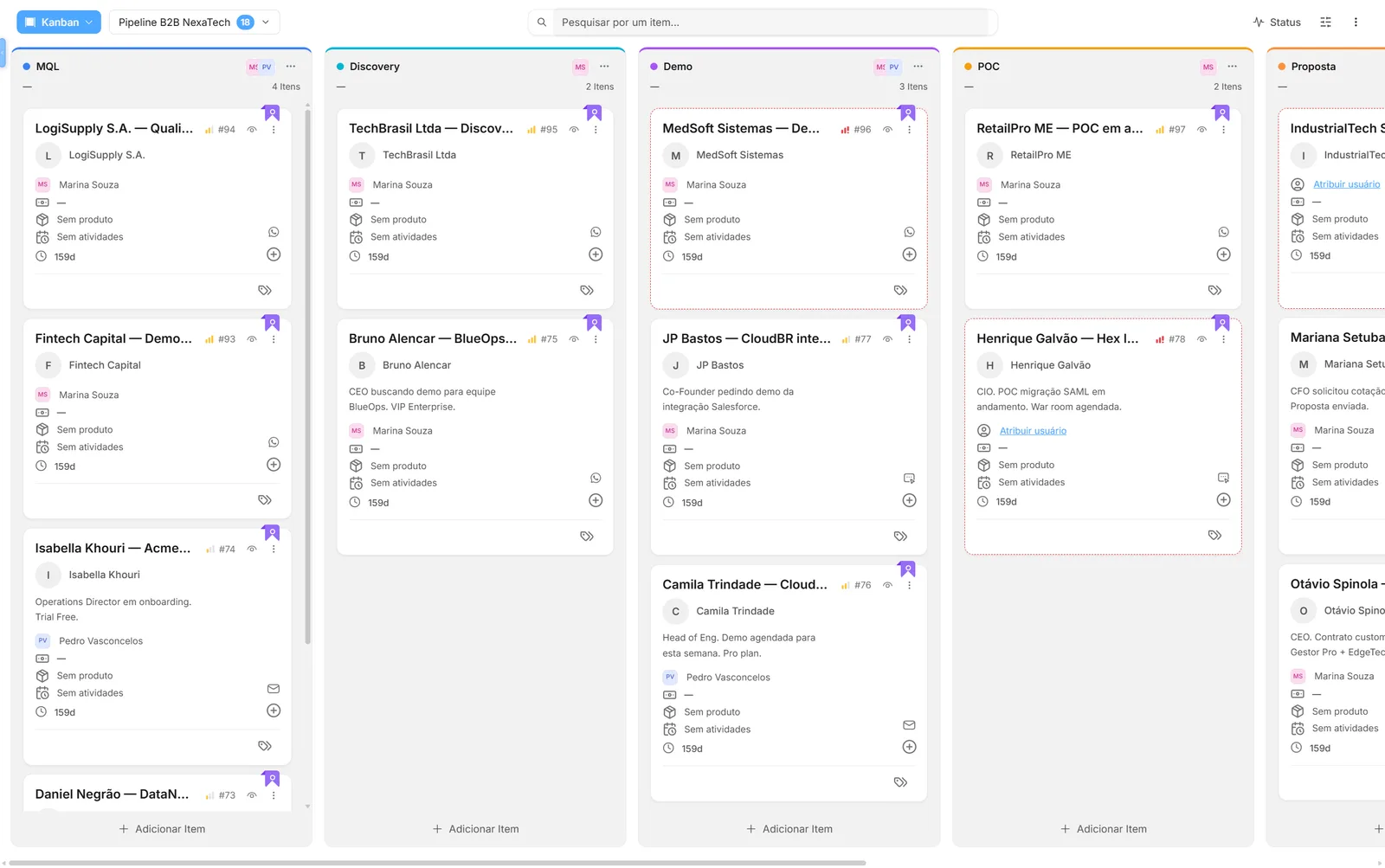 Tela do Kanban da NexaChat com cards de clientes organizados por etapa do funil