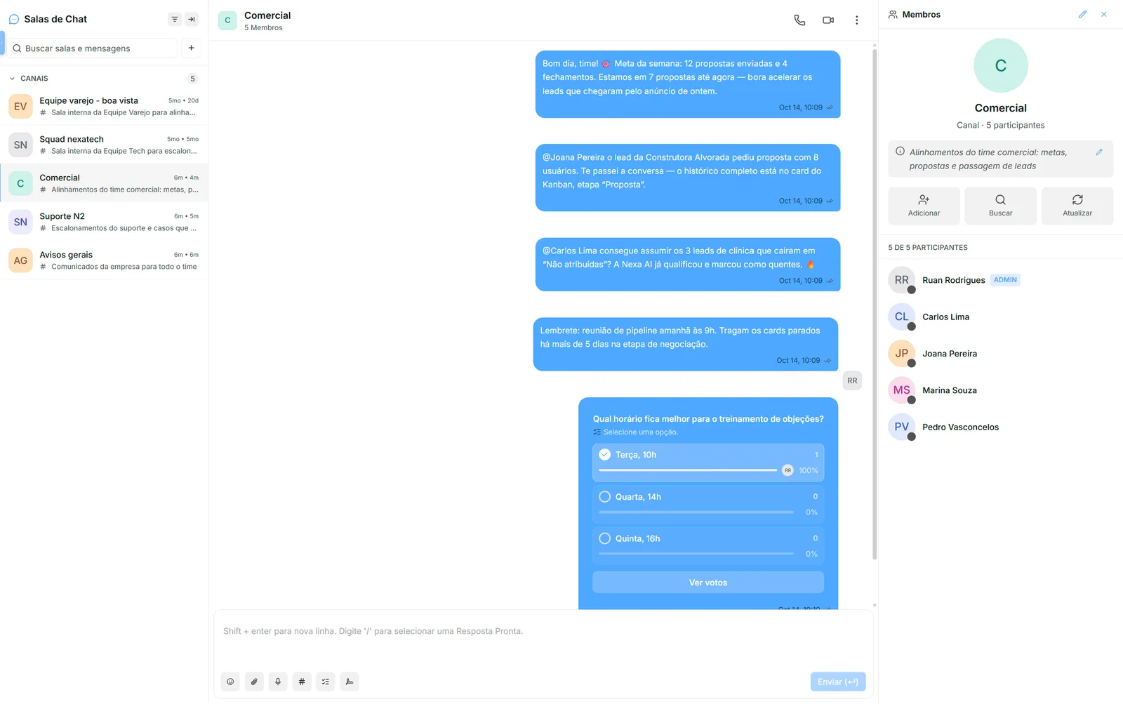Salas da NexaChat: lista de canais da equipe, conversa da sala Comercial com enquete e painel de membros